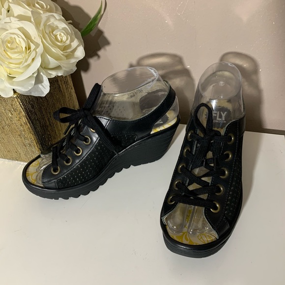SOLD Fly London Yorl Leather Wedge Sandal Black - Picture 6 of 11